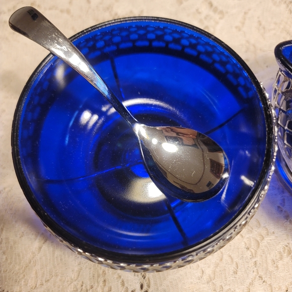 VTG Cobalt Blue Chromium Plated Sugar & Creamer with Glass Insert & Spoon - Picture 4 of 11